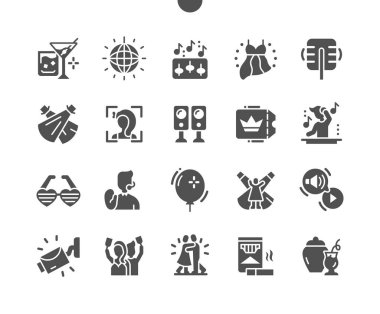 Gece kulübü. Sahne ışıkları ve dans. Güvenlik kamerası. Parti ve kutlama. Kulüpteki insanlar. Vektör Katı Simgeleri. Basit Resim Grafiği