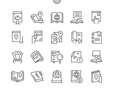 Harita defteri. Kullanım kılavuzu. Seyahat rehberi konum kitabı. Piksel Mükemmel Vektör İnce Çizgi Simgeleri. Basit Asgari Resim Grafiği