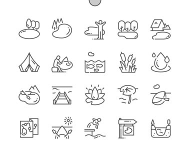 Göl. Doğa manzarası. Balıkçı. Lotus yaprağı. Piksel Mükemmel Vektör İnce Çizgi Simgeleri. Basit Asgari Resim Grafiği