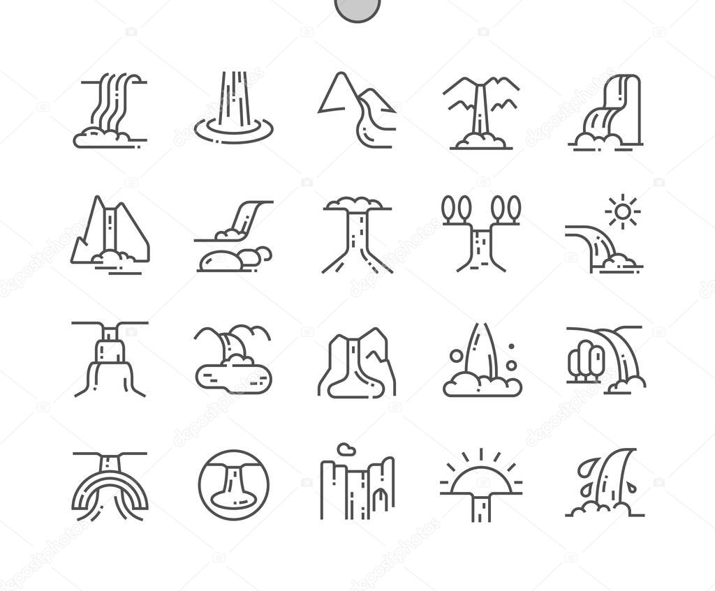 Waterfall. Nature and mountain. Landscape, travel, tourism. Pixel Perfect Vector Thin Line Icons. Simple Minimal Pictogram
