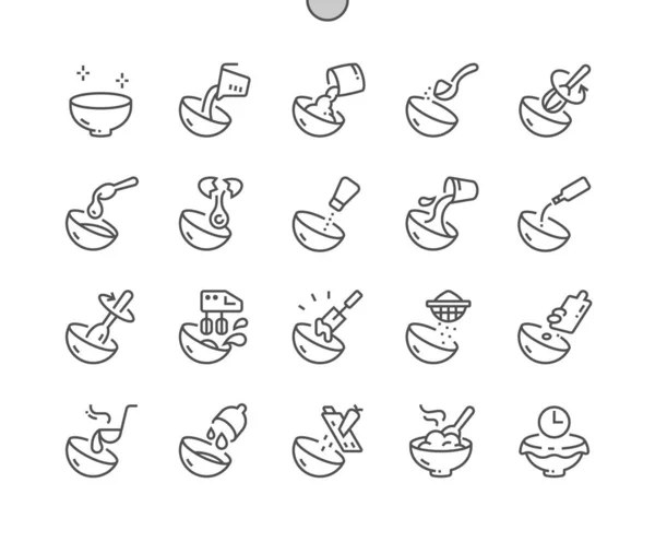 煮碗的台阶 加入香料 倒入碗中 搅拌鸡蛋 做饭时间 Pixel完美矢量稀疏线图标 简单极小象形文字 — 图库矢量图片