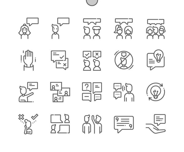 Мнение. Выражение. Сообщение, пузырь, чат, речь, комментарий, свидетельство. Принятие решений. Тонкие векторные иконки. Минимальная пиктограмма