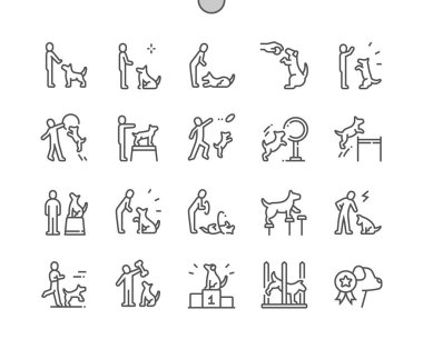 Köpek eğitimi. Paw komutu, yukarı komuta. Frizbi. Lastik atlama. Piksel Mükemmel Vektör İnce Çizgi Simgeleri. Basit Asgari Resim Grafiği