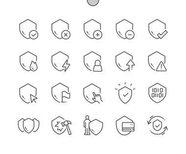 Kalkan. Güvenlik rozeti. Kalkanı tıkla, kaldır. Güvenlik sistemi. Piksel Mükemmel Vektör İnce Çizgi Simgeleri. Basit Asgari Resim Grafiği