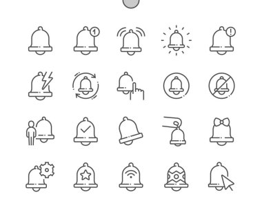 Bilgilendirme zili. Yeni mesaj, alarm alarmı. Gelen posta kutusu mesajı. Piksel Mükemmel Vektör İnce Çizgi Simgeleri. Basit Asgari Resim Grafiği