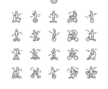 Kişisel ulaşım. İnsanlar ata biniyor. Bir tekerlekli scooter, patenler, bisiklet, elektrikli patenler. Piksel Mükemmel Vektör İnce Çizgi Simgeleri. Basit Asgari Resim Grafiği