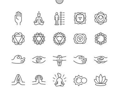 Çakralar hazır. Muladhara, swadhisthana, manipura, anahata, vishuddha, ajna, sahasrara. Yoga ve meditasyon. Piksel Mükemmel Vektör İnce Çizgi Simgeleri. Basit Asgari Resim Grafiği