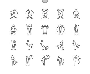 Warmup and stretching exercise. Torso rotations. Leg stretch. High knees. Jumping jacks. Pixel Perfect Vector Thin Line Icons. Simple Minimal Pictogram clipart
