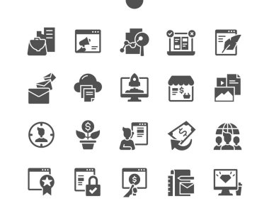 Çevrimiçi pazarlama. Yaratıcı bir girişim. Markalaşma, analitik, kampanya, içerik, hedef, kâr, büyüme ve destek. Vektör Katı Simgeleri. Basit Resim Grafiği