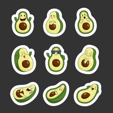 Avokado sevimli çizgi film karakteri. Etiket Yer İmi. Meyve, değişik pozlar. Vektör çizimi. Tasarım elementlerinin koleksiyonu.