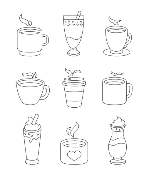 コーヒードリンクカップ カラーリングページ ホットコールドカクテル ベクター図面 デザイン要素のコレクション — ストックベクタ