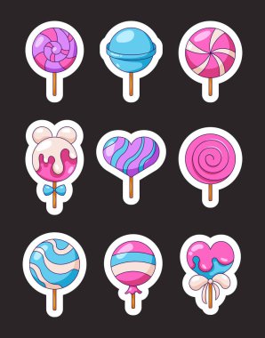 Lolipop şeker çubuğu. Etiket Yer İmi. Tatlı şekerlemeler. Vektör çizimi. Tasarım elementlerinin koleksiyonu.