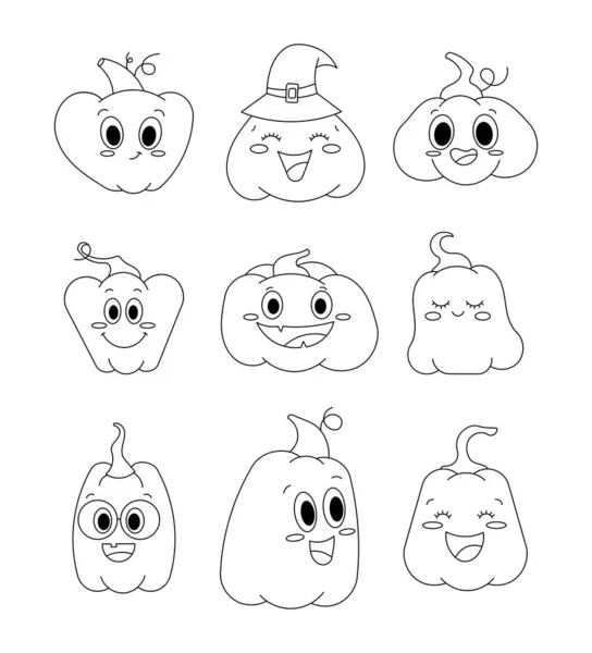Dýňová Postava Kreslená Omalovánky Nádherná Zelenina Halloween Vektorová Kresba Kolekce — Stockový vektor