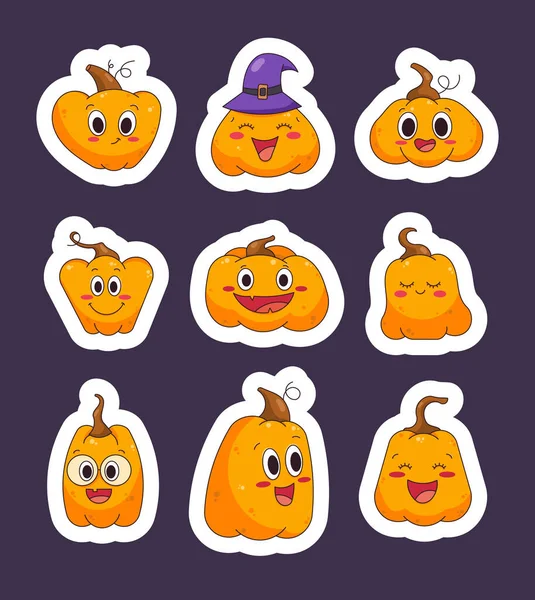 Pumpkin Character Cartoon Sticker Bookmark Beautiful Cute Vegetable Halloween Holiday — Stock Vector
