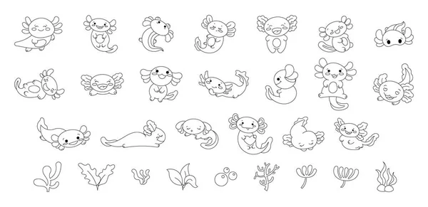 Axolotl Lindo Personaje Kawaii Plantas Submarinas Algas Página Para Colorear — Archivo Imágenes Vectoriales