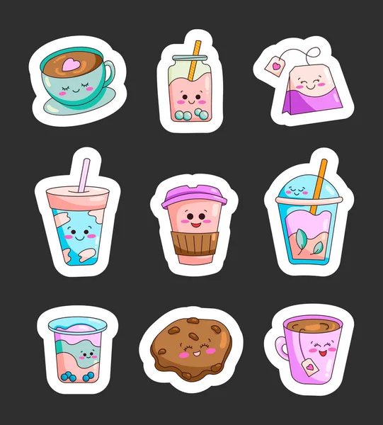 Tea Items Cartoon Sticker Bookmark Cute Kawaii Characters Cup Bottle — Stock Vector
