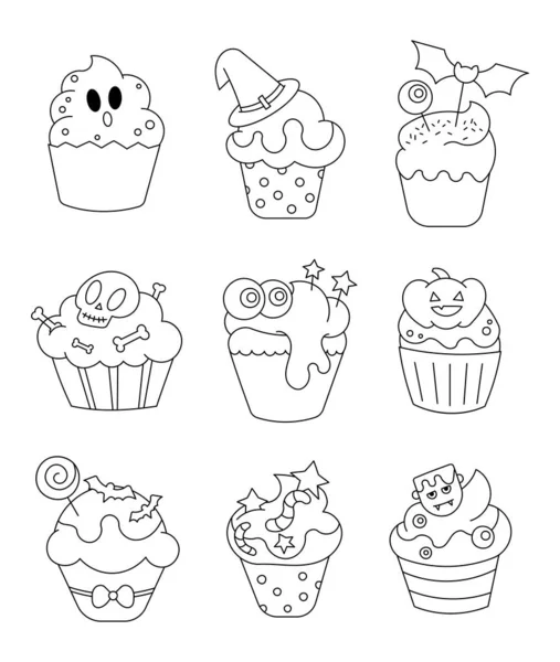 カップケーキハロウィーンの休日 カラーリングページ スイート菓子 ベクター図面 デザイン要素のコレクション — ストックベクタ