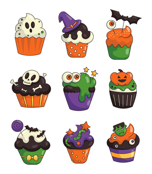 Cupcake halloween holiday. Sweet confectionery. Vector drawing. Collection of design elements.