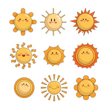 Güneş gülüşü karakteri. Gülen surat çizgi filmi. Vektör çizimi. Tasarım elementlerinin koleksiyonu.