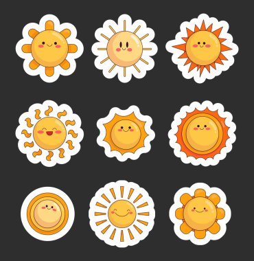 Güneş gülüşü karakteri. Etiket Yer İmi. Gülen surat çizgi filmi. Vektör çizimi. Tasarım elementlerinin koleksiyonu.