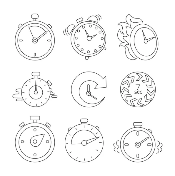 Odliczanie Czasu Kolorowanka Stopwatch Urządzenie Zegarkowe Rysunek Wektora Zbiór Elementów — Wektor stockowy