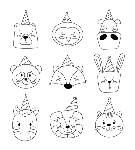 可爱的动物性格 着色页 假日生日帽 矢量绘图 设计要素的收集 — 图库矢量图片