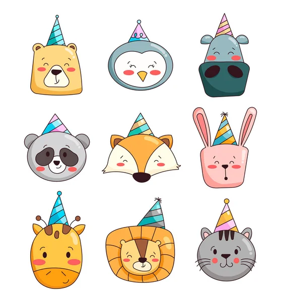 Cute animal character. Holiday birthday cap. Vector drawing. Collection of design elements.