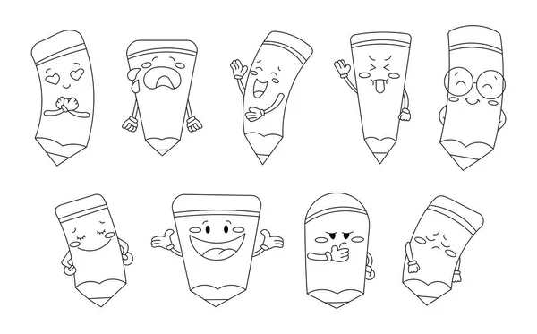 ペンシルキャラクター漫画 カラーリングページ 異なった感情の学校の主題 ベクター図面 デザイン要素のコレクション — ストックベクタ