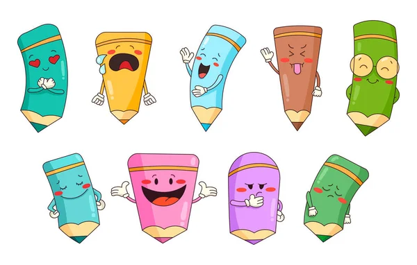 Desenhos Animados Lápis Diferentes Emoções Disciplina Escola Desenho Vetorial Coleção — Vetor de Stock