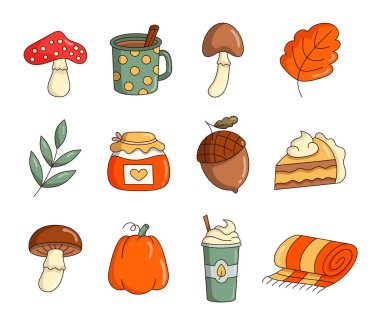 Sonbahar objesi mantar fincanı kahve yaprağı meşe palamudu kavanozu kek kabağı ekose. Yılın mevsimi. Vektör çizimi. Tasarım elementlerinin koleksiyonu.