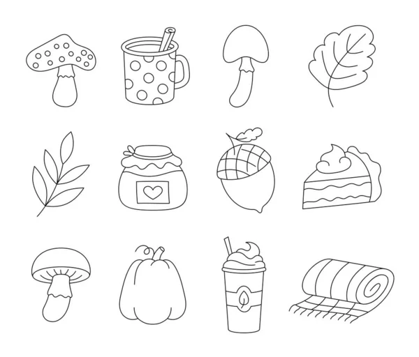 秋天的物体蘑菇杯咖啡 橡果罐头蛋糕 着色页 一年中的季节 矢量绘图 设计要素的收集 — 图库矢量图片