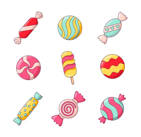 Sweet Candies Lollipop Sugar Caramel Wrapper Gums Striped Bonbons Bubblegums — Stock Vector