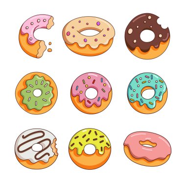 Şekerli jöleli donutlar. Tatlı şeker fırını. El çizimi stili. Vektör çizimi. Tasarım elementlerinin koleksiyonu.