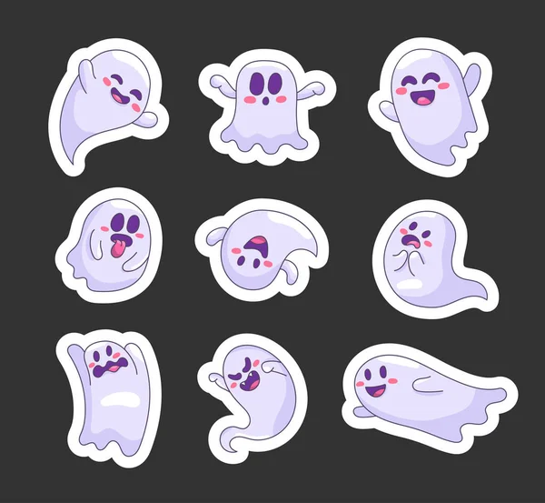 Funny Happy Ghosts Sticker Bookmark Flying Phantoms Halloween Scary Monsters — Stock Vector