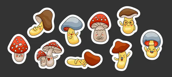 Niedliche Pilze Zeichen Sticker Lesezeichen Vorhanden Waldpilz Cartoon Stil Vektorzeichnung — Stockvektor