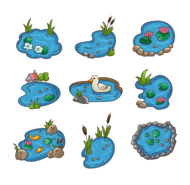 Lake nature landscape. Ducks in pond. Vector drawing. Collection of design elements. clipart