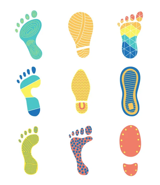 Pegadas Humanas Diferentes Marca Piso Sapato Estilo Mão Desenho Vetorial — Vetor de Stock