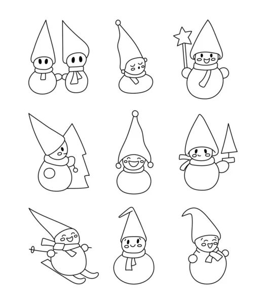 可爱的圣诞雪人 着色页 穿着不同的围巾和帽子的快乐的性格 矢量绘图 设计要素的收集 — 图库矢量图片