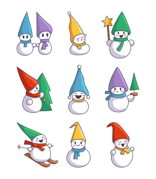 Jolie Bonhomme Neige Noël Caractère Joyeux Dans Différents Foulards Chapeaux — Image vectorielle