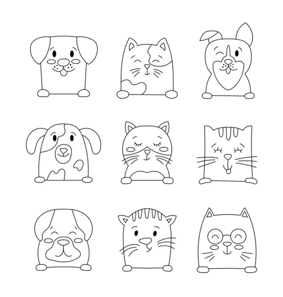 可爱的猫和狗宠物 着色页 有趣的小狗 小猫的家养动物 卡通人物 矢量绘图 设计要素的收集 — 图库矢量图片