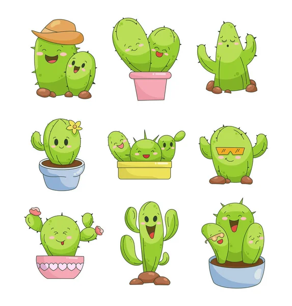 Roztomilá Kreslená Postava Kaktusu Ruční Styl Vtipné Rostliny Různými Emocemi — Stockový vektor