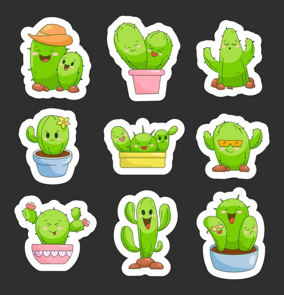 Mignon Personnage Dessin Animé Cactus Sticker Signet Style Main Plantes — Image vectorielle