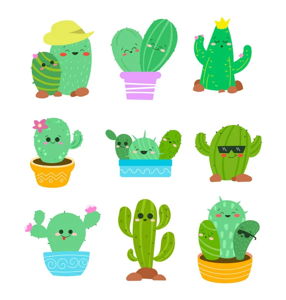 Lindo Personaje Dibujos Animados Cactus Estilo Mano Plantas Divertidas Con — Archivo Imágenes Vectoriales