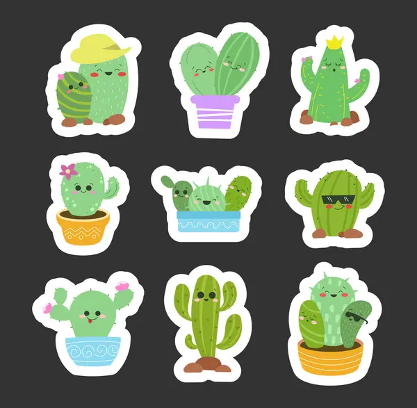 Lindo Personaje Dibujos Animados Cactus Etiqueta Marcador Estilo Mano Plantas — Vector de stock
