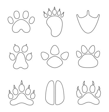 Hayvan pençesi izi. Boyama sayfası. Vahşi yaşamın farklı izleri var. Vektör çizimi. Tasarım elementlerinin koleksiyonu.