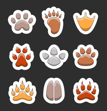 Hayvan pençesi izi. Etiket Yer İmi. Vahşi yaşamın farklı izleri var. Vektör çizimi. Tasarım elementlerinin koleksiyonu.