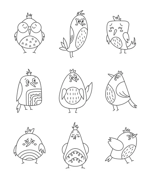 Roztomilé Kreslené Ptáky Omalovánky Ručně Kreslený Styl Vtipná Komická Postava — Stockový vektor