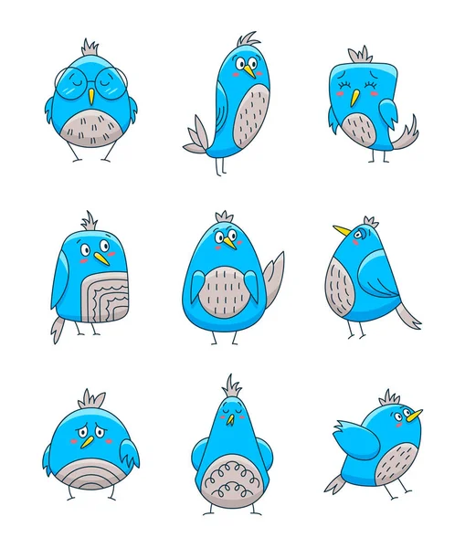 Cute Cartoon Birds Hand Drawn Style Funny Comic Character Vector — Stock Vector