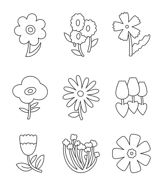 Decorative Cute Flowers Coloring Page Simple Forms Vector Drawing Collection — Stock Vector