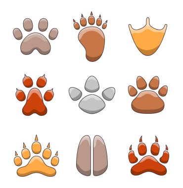 Hayvan pençesi izi. Vahşi yaşamın farklı izleri var. Vektör çizimi. Tasarım elementlerinin koleksiyonu.